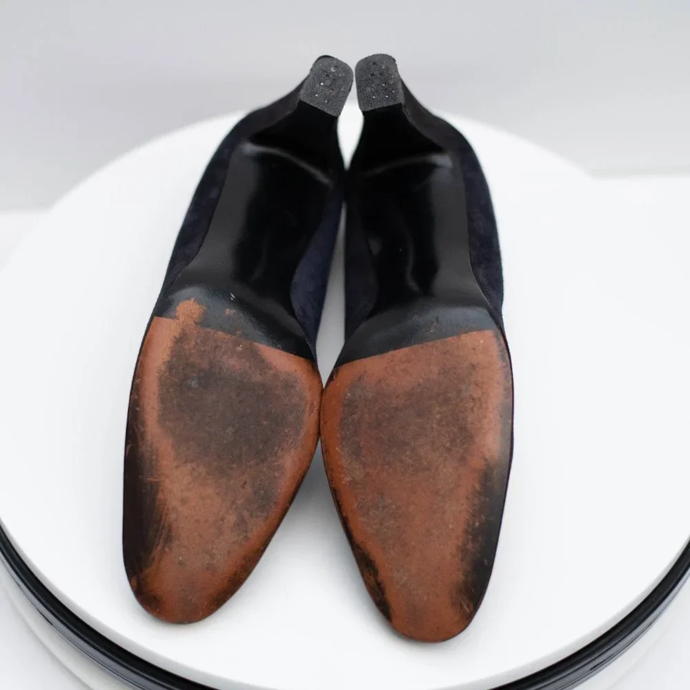 Vtg Saks Fifth Avenue Fenton Last Sued Leather Shoes Sz 9 Narrow Dark Blue Heels
